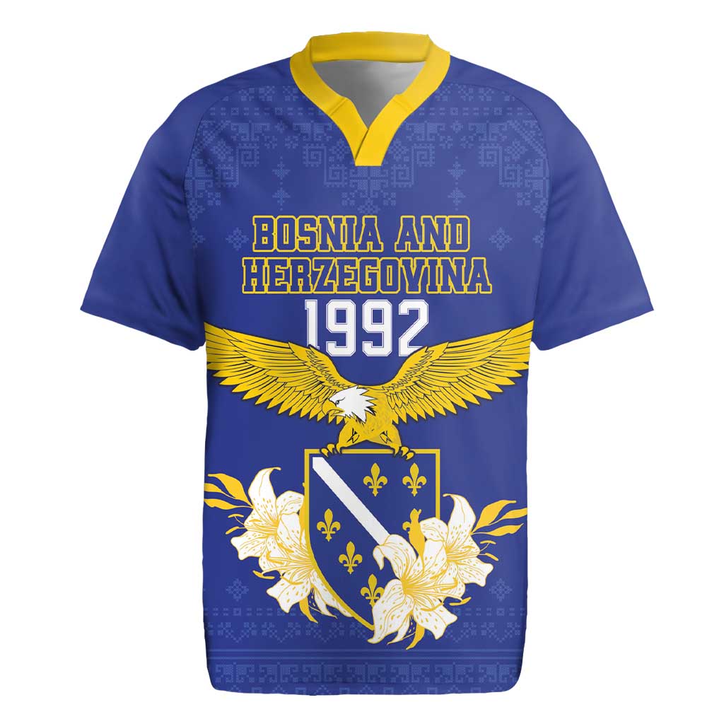 Personalized Bosnia and Herzegovina Independence Day Rugby Jersey Golden Eagle With Lilium Bosniacum - Wonder Print Shop