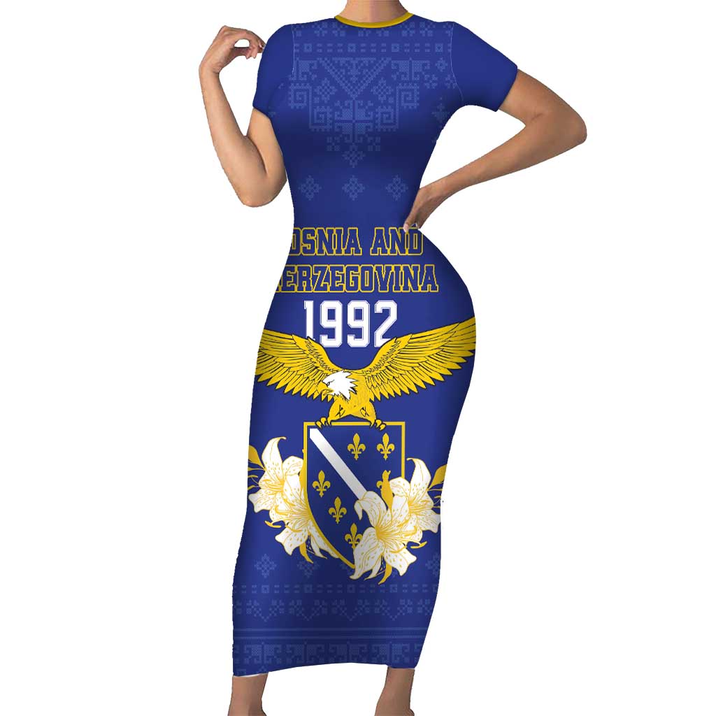 Personalized Bosnia and Herzegovina Independence Day Short Sleeve Bodycon Dress Golden Eagle With Lilium Bosniacum - Wonder Print Shop