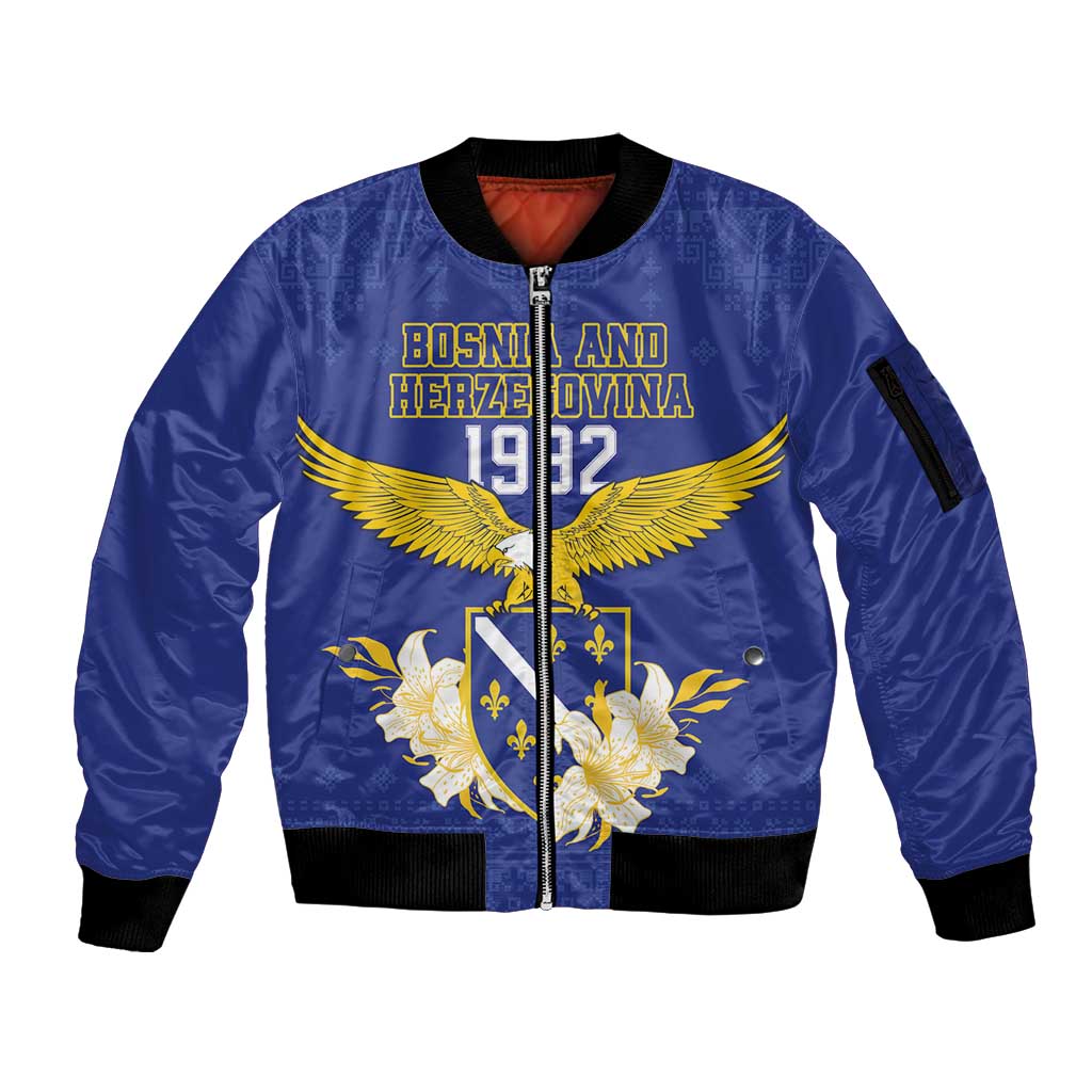 Personalized Bosnia and Herzegovina Independence Day Sleeve Zip Bomber Jacket Golden Eagle With Lilium Bosniacum - Wonder Print Shop