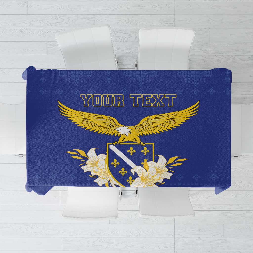 Blue personalized tablecloth with gold eagle and 'YOUR TEXT' banner