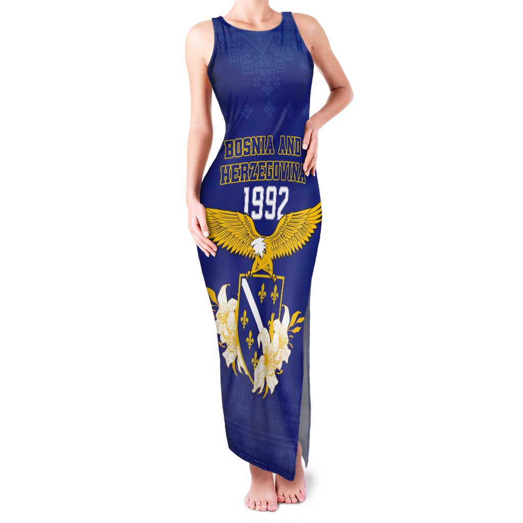 Personalized Bosnia and Herzegovina Independence Day Tank Maxi Dress Golden Eagle With Lilium Bosniacum - Wonder Print Shop