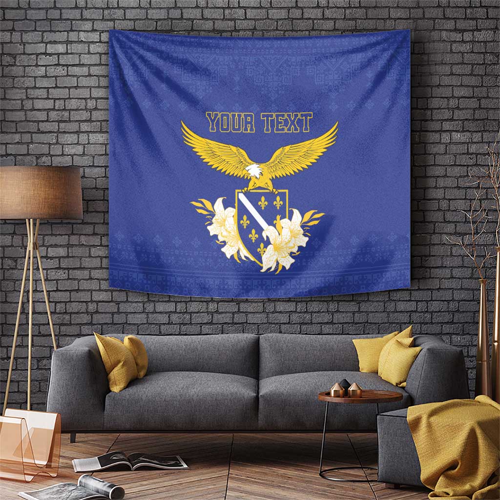 Blue personalized tapestry with golden eagle emblem, lilies, and YOUR TEXT