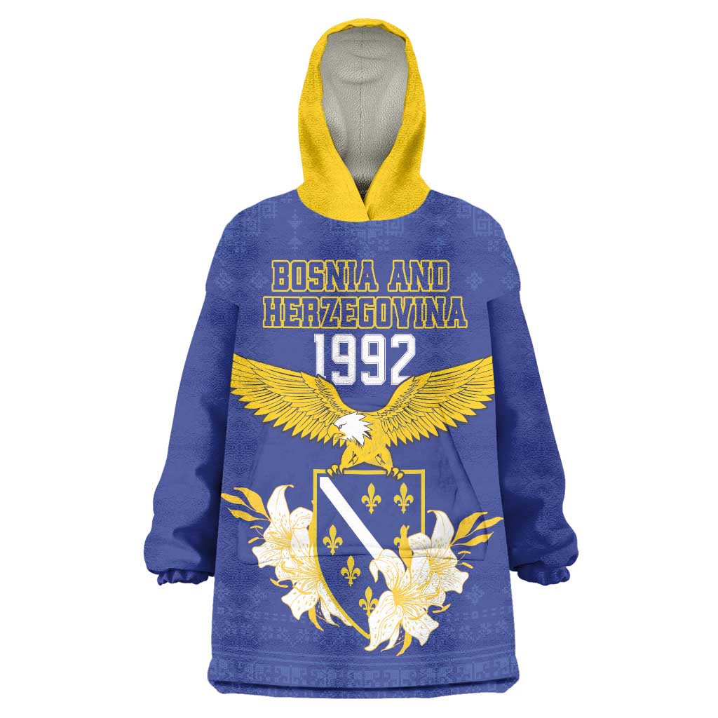 Personalized Bosnia and Herzegovina Independence Day Wearable Blanket Hoodie Golden Eagle With Lilium Bosniacum