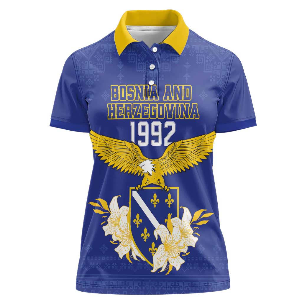 Personalized Bosnia and Herzegovina Independence Day Women Polo Shirt Golden Eagle With Lilium Bosniacum - Wonder Print Shop