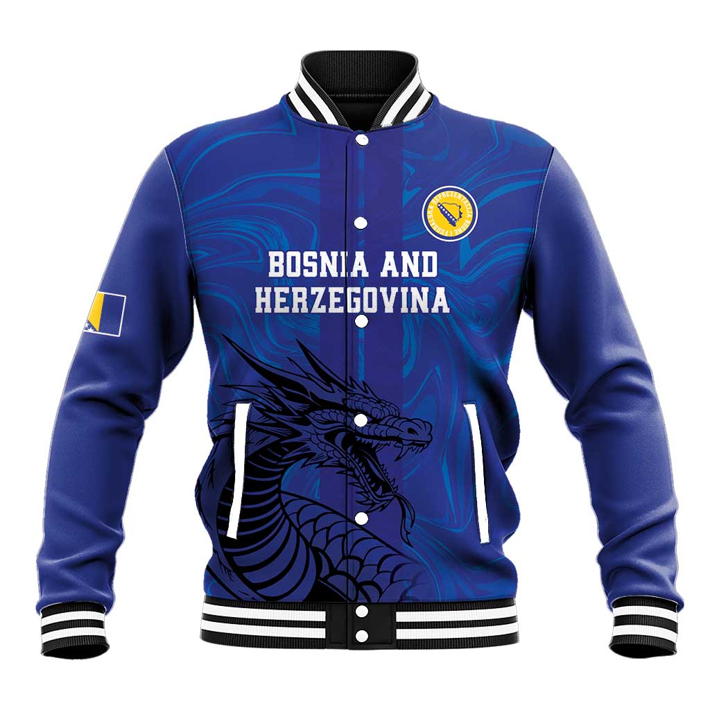 Blue baseball jacket with dragon graphic and BOSNIA AND HERZEGOVINA front