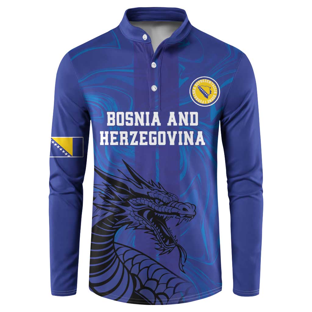 Blue button-up sweatshirt with Bosnia and Herzegovina text and dragon graphic
