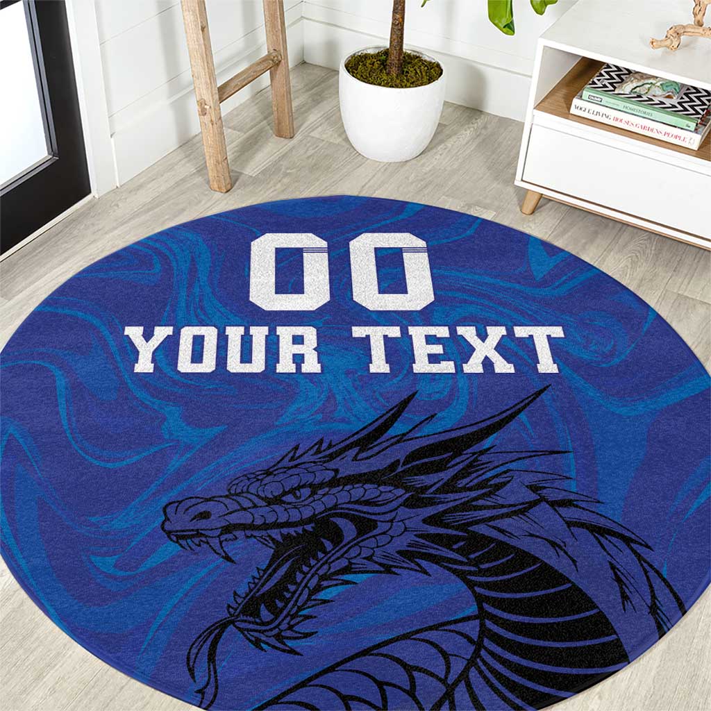 Blue round football carpet with YOUR TEXT and dragon face graphic