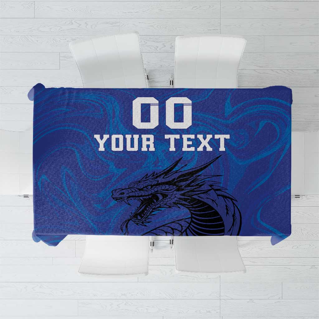 Blue football tablecloth with dragon graphic and custom text in a white box