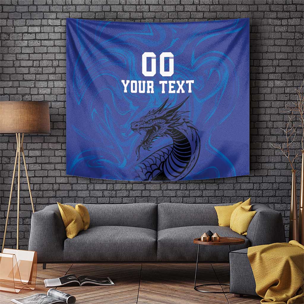 Blue tapestry with centered dragon head and '00 YOUR TEXT' text, wall-mounted