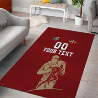 Red area rug with custom '00 YOUR TEXT' design and rugby player illustration