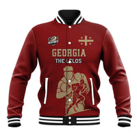 Red rugby baseball jacket with ribbed collar, striped cuffs, snap front, Georgia front graphic