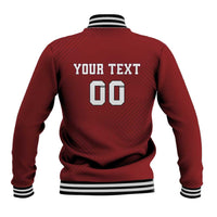 Red rugby baseball jacket with ribbed collar, striped hem, back 'YOUR TEXT 00' print