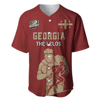 Red rugby baseball jersey with V-neck, front logo and Georgia graphic