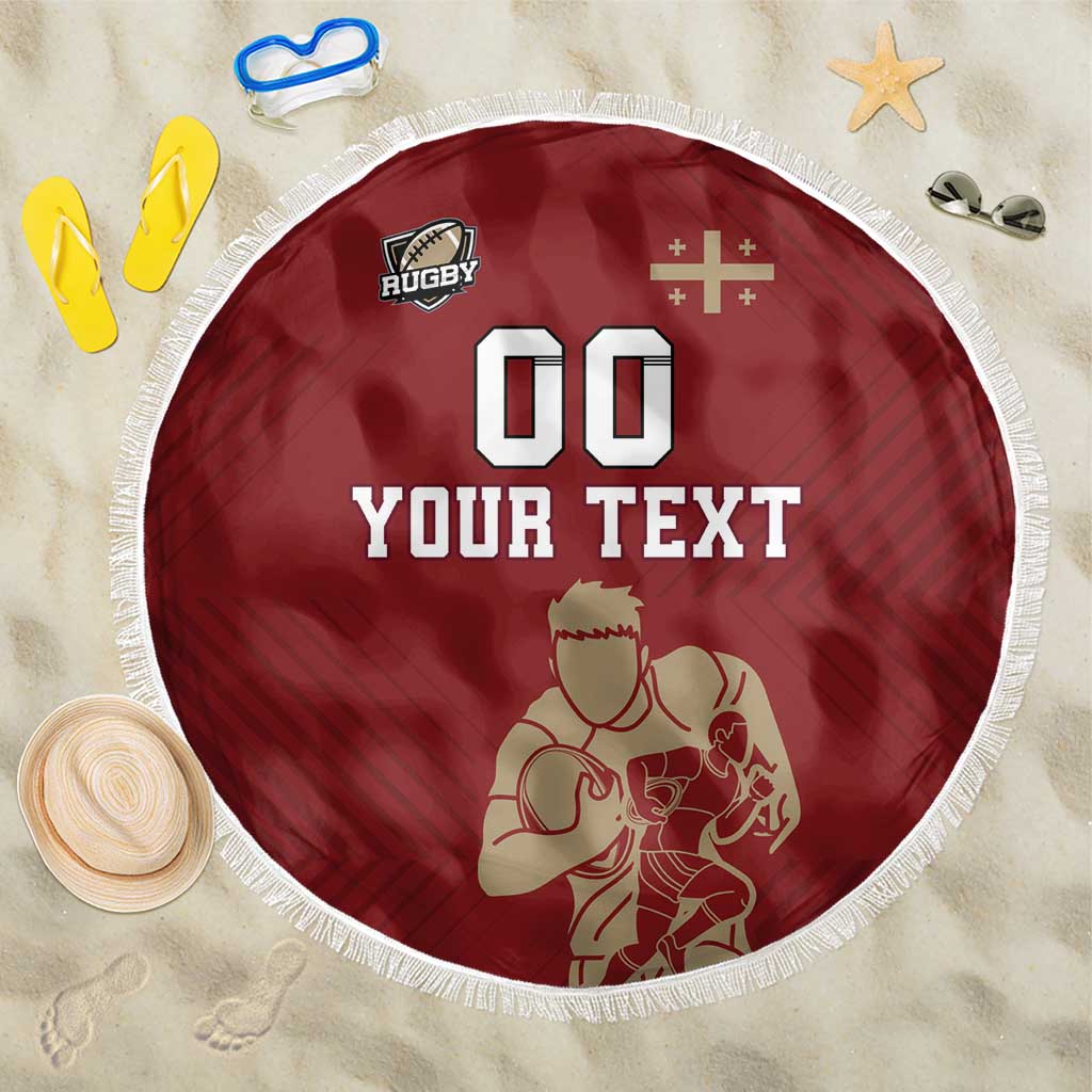 Round red rugby beach blanket with fringe, player illustration, 00, Rugby logo, 'YOUR TEXT'.