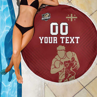 Round red rugby beach blanket with fringe, Rugby logo, 00, and 'YOUR TEXT' graphic.