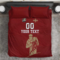 Red rugby bedding set with two pillows, “00 YOUR TEXT” and rugby player graphic