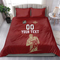 Red rugby bedding set with “00 YOUR TEXT” design and rugby players on duvet