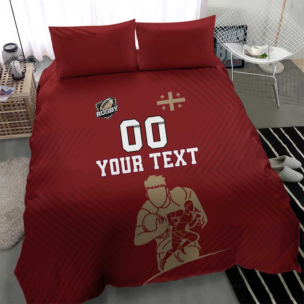 Red rugby bedding set featuring two pillows and “00 YOUR TEXT” with player artwork