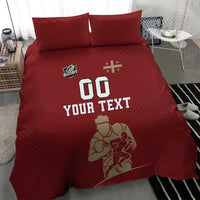 Red rugby bedding set featuring two pillows and “00 YOUR TEXT” with player artwork