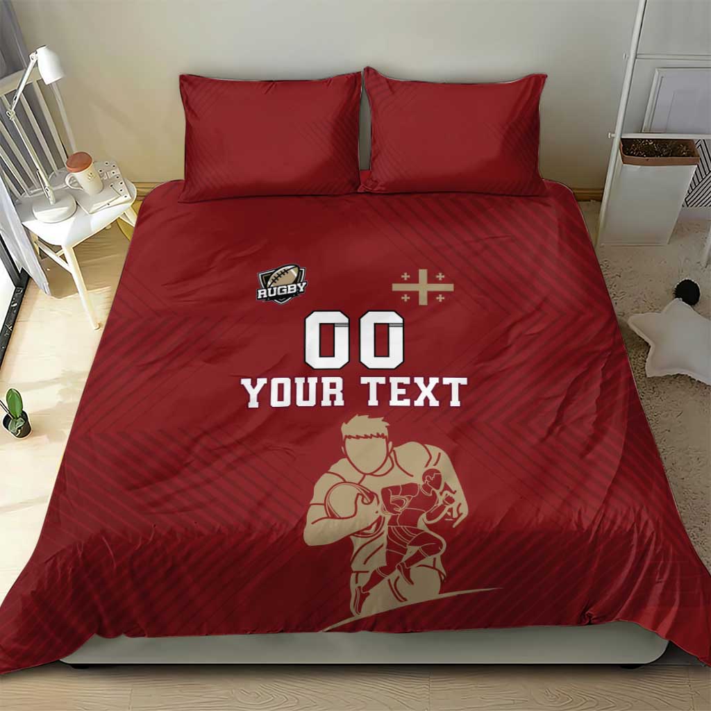 Red rugby bedding set with “00 YOUR TEXT” and rugby player illustration on duvet