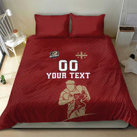 Red rugby bedding set with “00 YOUR TEXT” and rugby player illustration on duvet
