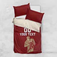 Red rugby bedding set with duvet and two pillows showing “00 YOUR TEXT” graphic