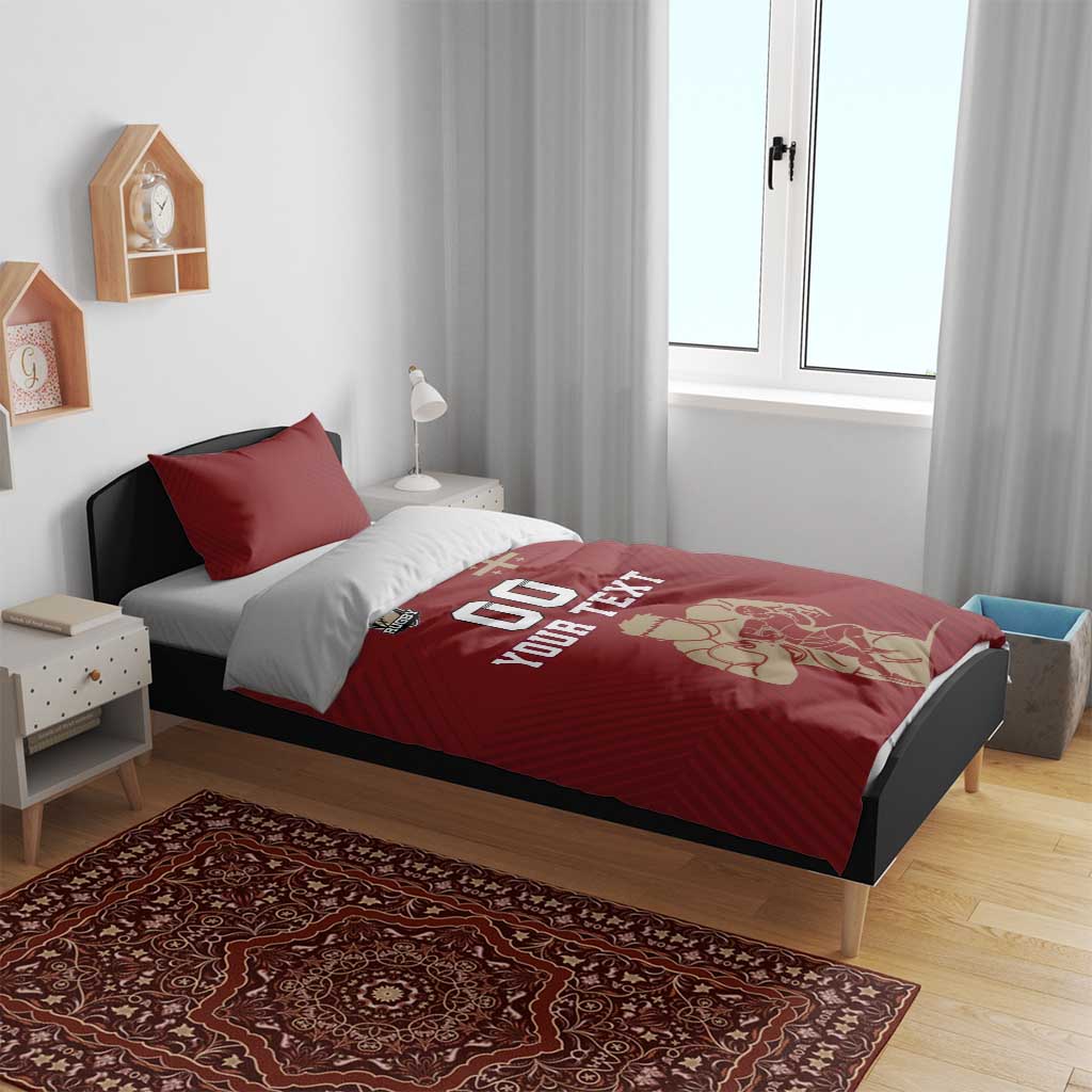 Red rugby bedding set on bed with “00 YOUR TEXT” and player emblem on duvet