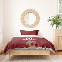 Red rugby bedding set with pillow and duvet reading “00 YOUR TEXT” with player graphic