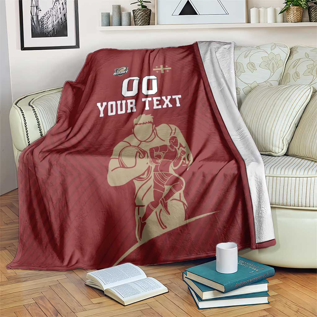 Red custom rugby blanket with YOUR TEXT, number 00, and player graphic