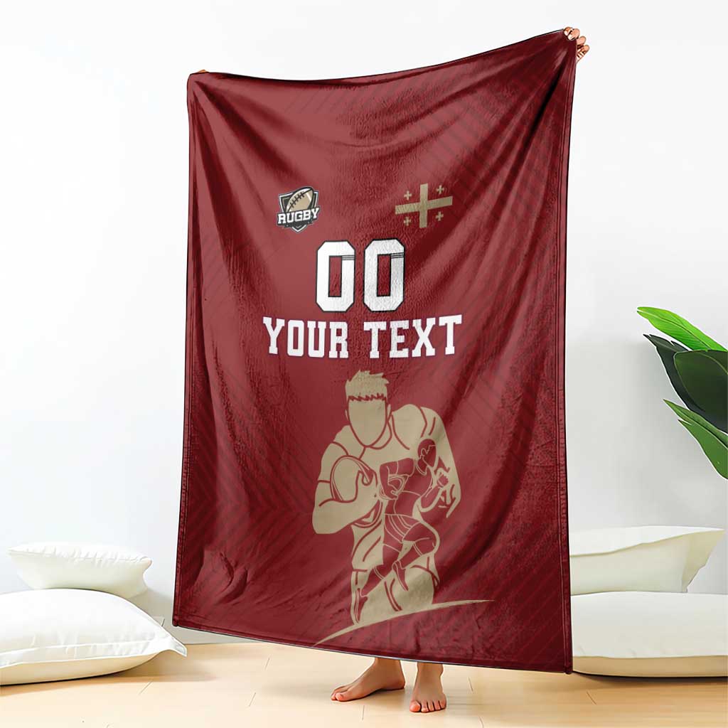 Red rugby blanket draped upright with YOUR TEXT, 00, and rugby player art