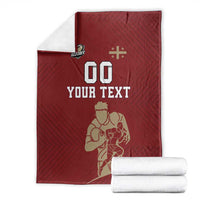Red custom rugby blanket folded with YOUR TEXT, 00, and rugby player graphic