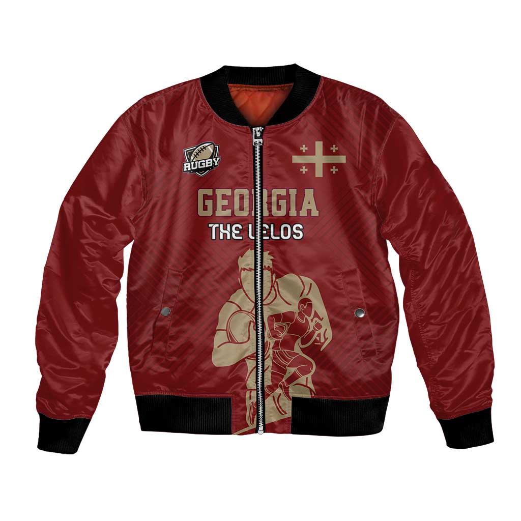 Red satin bomber jacket with ribbed collar, full-front zipper, Georgia Lelos rugby graphic