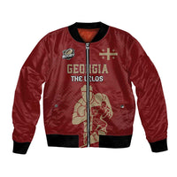 Red satin bomber jacket with ribbed collar, full-front zipper, Georgia Lelos rugby graphic
