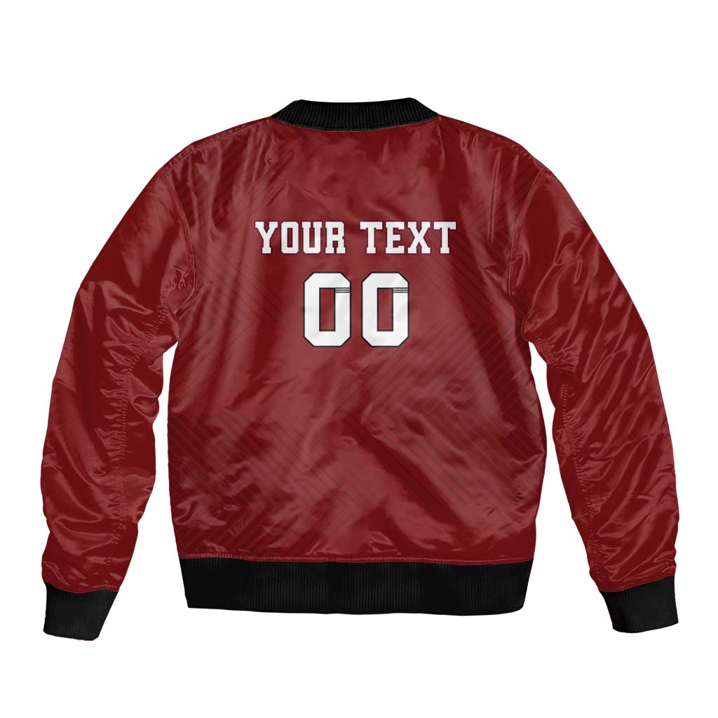 Red satin bomber jacket, ribbed collar and cuffs, back print 'YOUR TEXT 00'