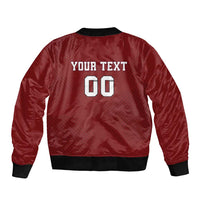 Red satin bomber jacket, ribbed collar and cuffs, back print 'YOUR TEXT 00'