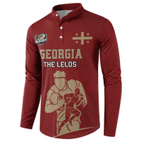 Red rugby button sweatshirt with Georgia 'The Lelos' graphic and rugby patch