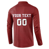 Red rugby button sweatshirt with 'YOUR TEXT 00' back print