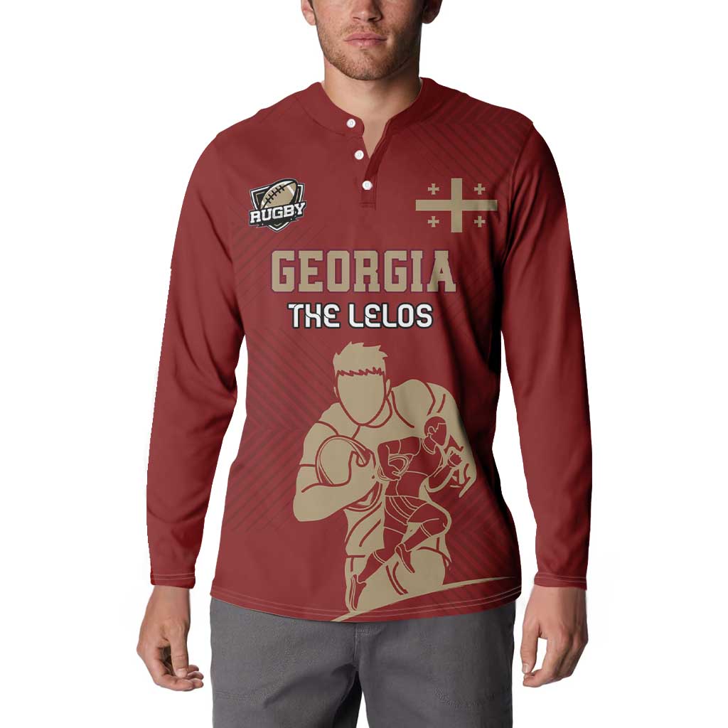 Red rugby button sweatshirt with Georgia 'The Lelos' front graphic and button placket
