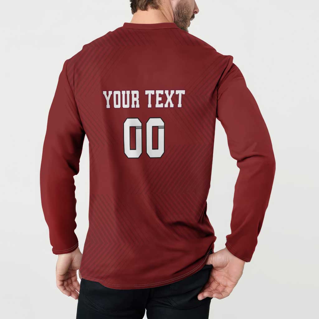 Red rugby button sweatshirt with 'YOUR TEXT 00' back print and long sleeves