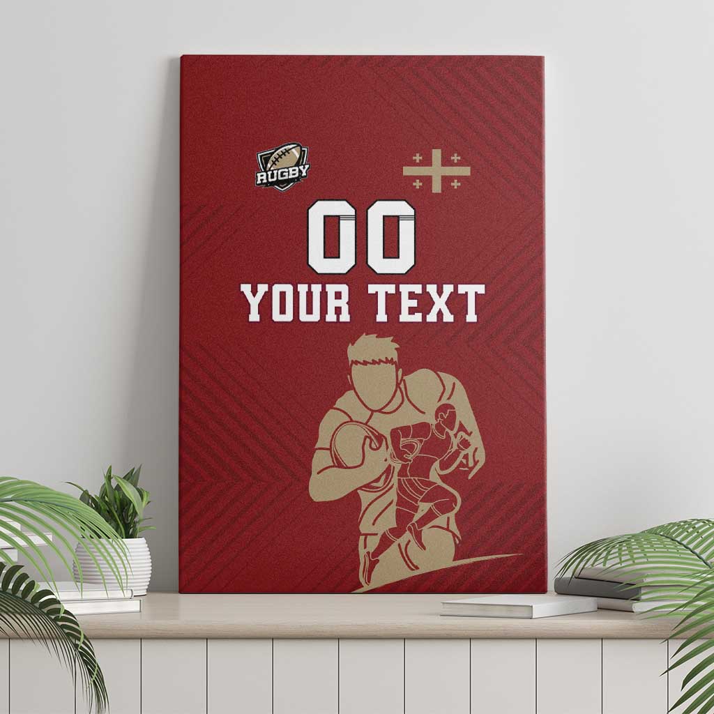 Red rugby canvas wall art with frame, '00 YOUR TEXT' and player graphic on stand.