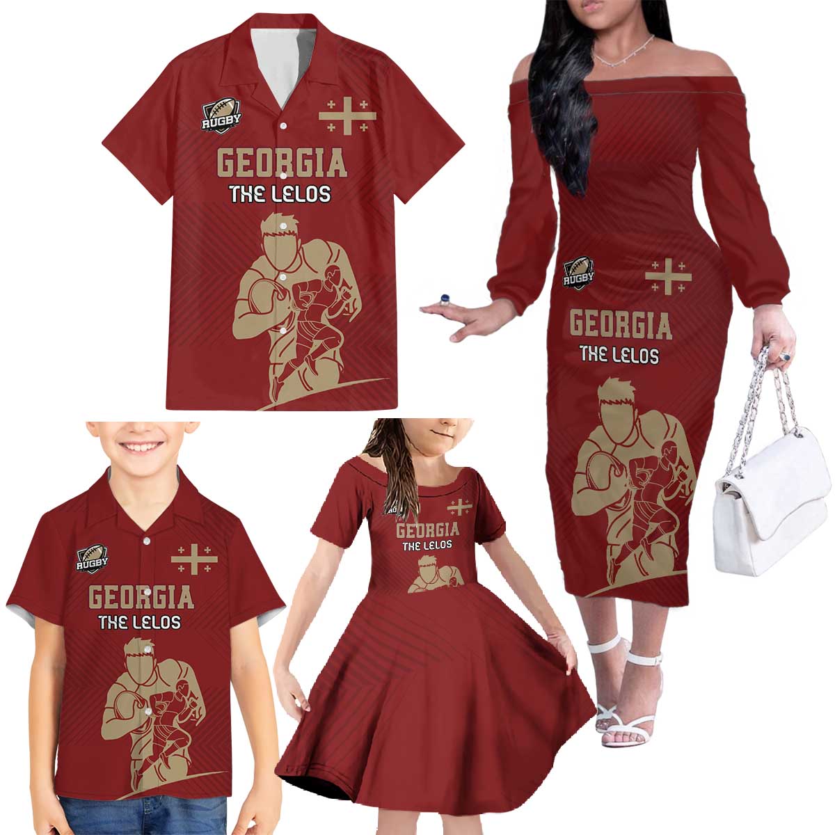 Custom Georgia Rugby Family Matching Off The Shoulder Long Sleeve Dress and Hawaiian Shirt The Lelos Go Champions