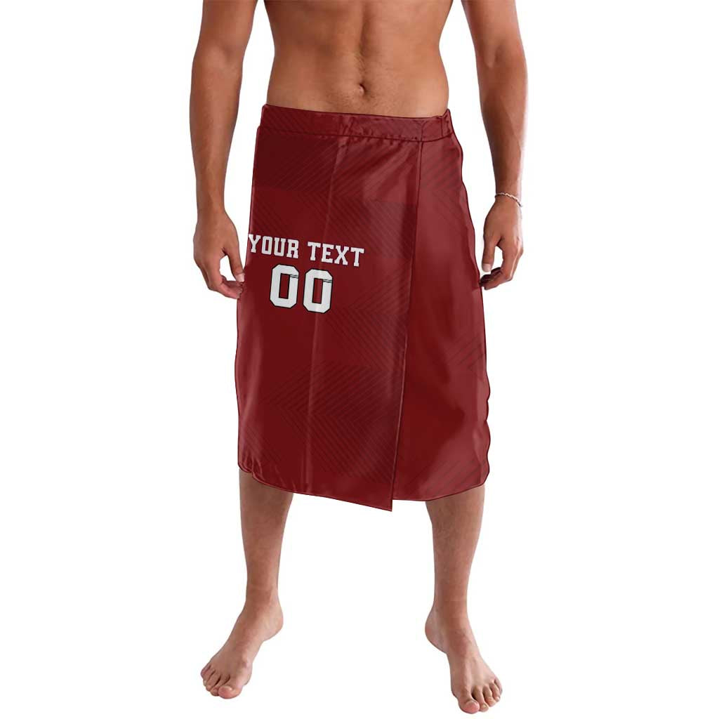 Red rugby-style custom print shorts with front slit and drawstring waistband