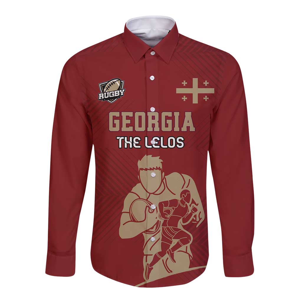 Red long-sleeve rugby button shirt with front Georgia emblem and character graphic