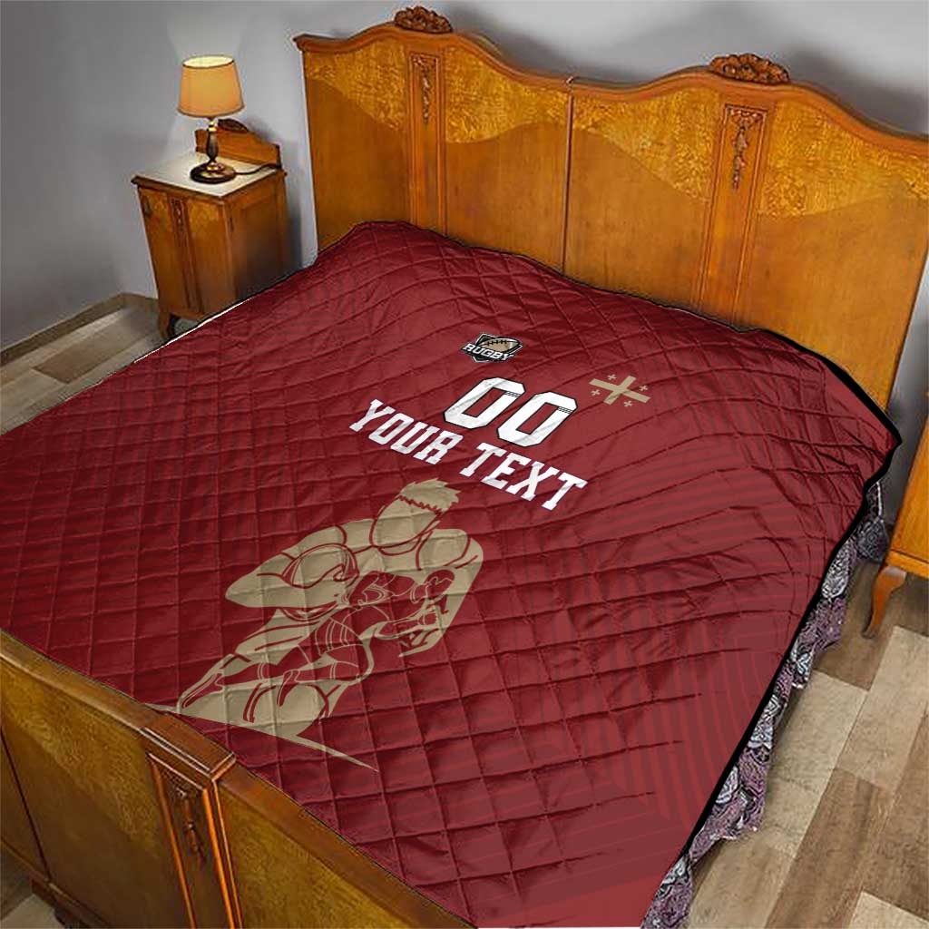 Red quilt on a bed with diamond stitching, rugby '00' and 'YOUR TEXT' centered design