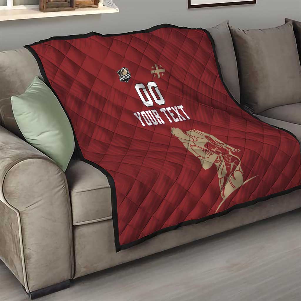 Red quilt on a sofa, diamond stitching with rugby '00' and 'YOUR TEXT' graphic