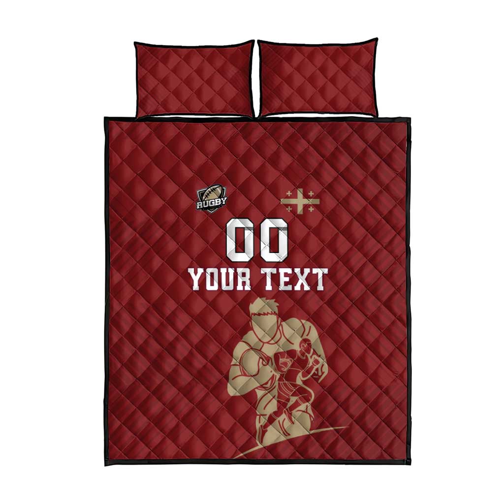 Red quilted bed set with two pillow shams and centered custom text and rugby emblem.