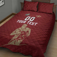 Red quilted comforter bed set with two pillow shams, custom 'YOUR TEXT' and rugby artwork.