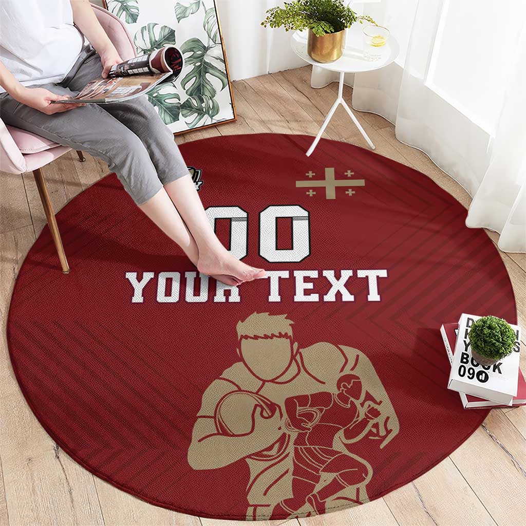 Red round rugby rug showing 'YOUR TEXT' and player graphic, 00 icon center