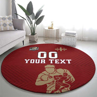 Red round rugby rug with 'YOUR TEXT' and rugby player line art