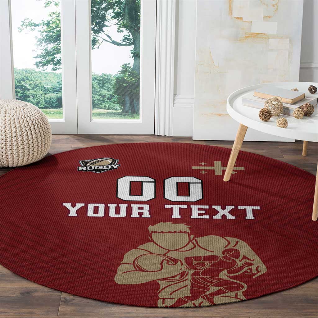 Red round rugby rug with 'YOUR TEXT' and player line art, 00 icon